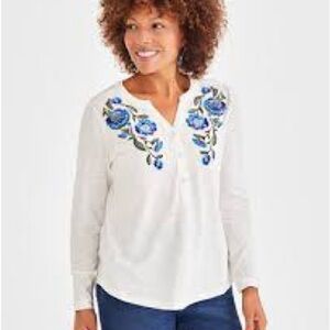 Style & Co. White Blouse with Blue Floral Embroidery